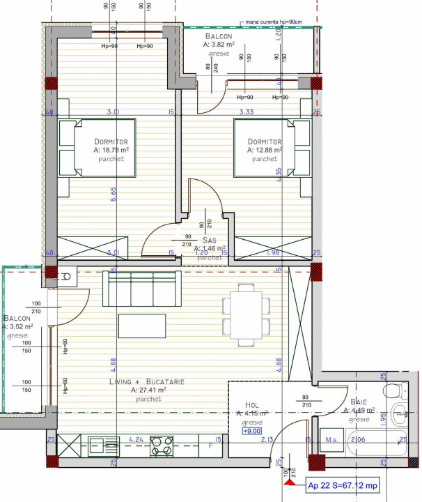 Apartament de 3 camere, 67 mp utili, 2 balcoane, Zona Teilor