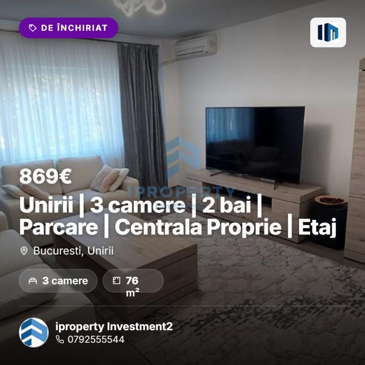 Unirii | 3 camere | 2 bai | Parcare | Centrala Proprie | Etaj 4 Din 8 - fotografie proprietate 1