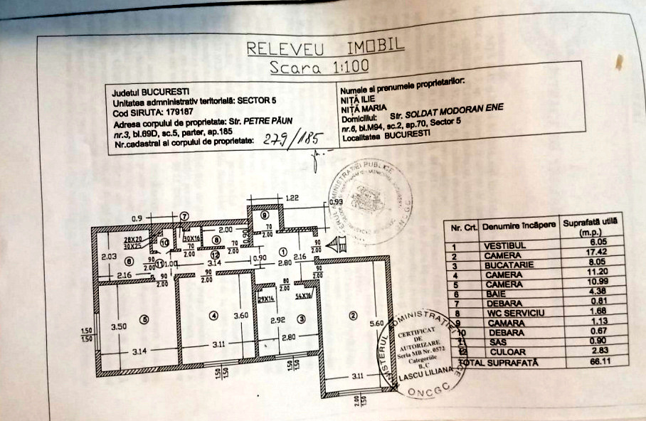 Apartament 3 camere decomandat Soseaua Salaj Petre Paun 2 bai 66.11 mp mobilat